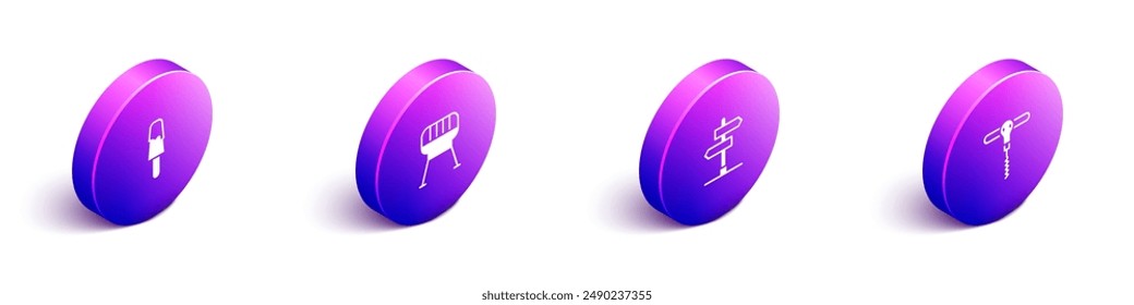 Set Isometric Ice cream, Barbecue grill, Road traffic sign and Wine corkscrew icon. Vector