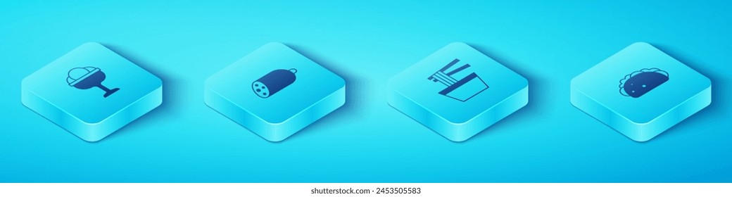 Set Isometric Ice cream in the bowl, Salami sausage, Taco with tortilla and Asian noodles icon. Vector