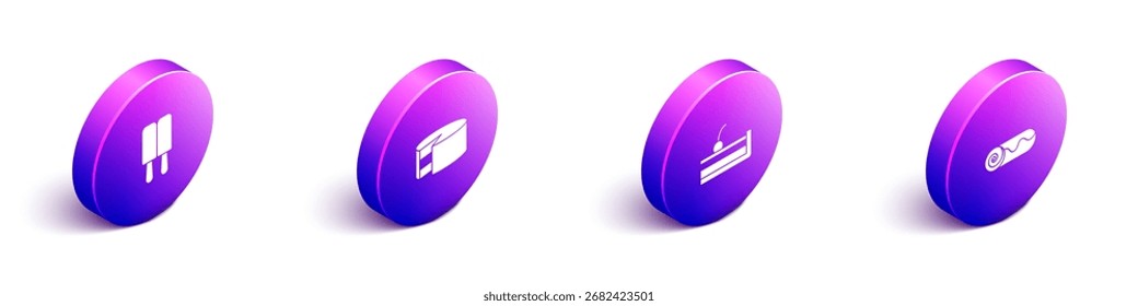 Conjunto de helado isométrico, pastel, pastel de queso de cereza y el icono de rollo de chocolate. Vector