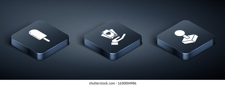 Set Isometric Ice cream, Joystick for arcade machine and Hand holding playing cards icon. Vector