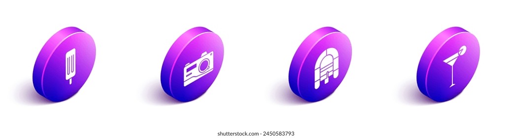 Set Isometric Ice cream, Photo camera, Rafting boat and Martini glass icon. Vector