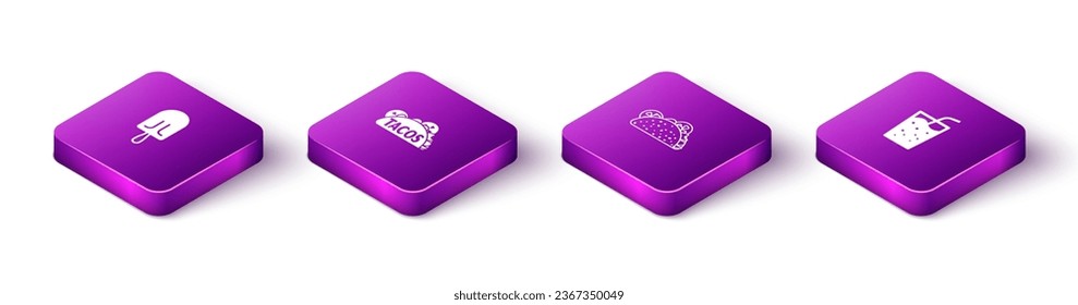Set Isometric Ice cream, Taco with tortilla,  and Glass water icon. Vector