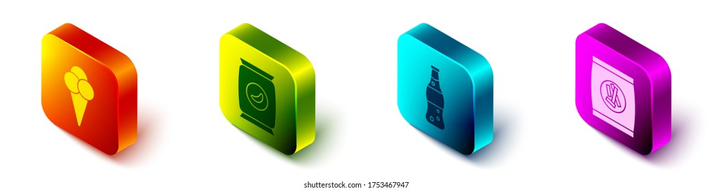 Set Isometric Ice cream in waffle cone, Bag or packet potato chips, Bottle of water and Hard bread chucks crackers icon. Vector