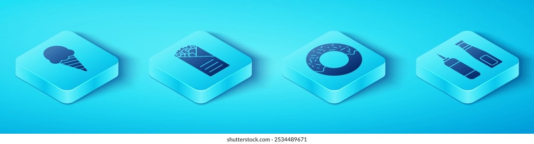 Set Isometric Ice cream in waffle cone, Doner kebab, Sauce bottle and Donut icon. Vector