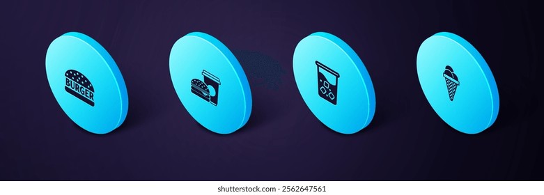 Set Isometric Ice cream in waffle cone, Glass with water, Coffee and burger and Burger icon. Vector