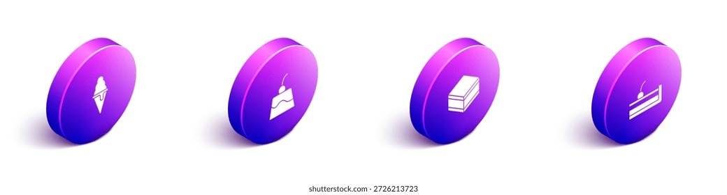 Conjunto de helado isométrico en cono de gofre, crema de pudín, pastel de chocolate Brownie e icono de pastel de queso de cereza. Vector