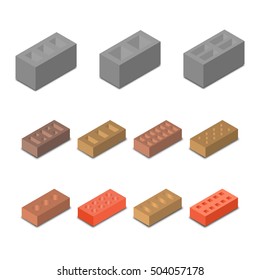 Set isometric icon construction materials, various in form cinder blocks and bricks isolated on white background, vector illustration.