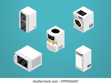 Set of isometric icon design for electronic. Refrigerator, microwave, washing machine, air cooler, water filter