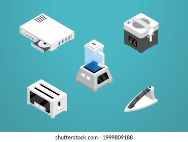 Set of isometric icon design for electronic. Dvd player, rice cooker, toaster, ironing clothes, mixer