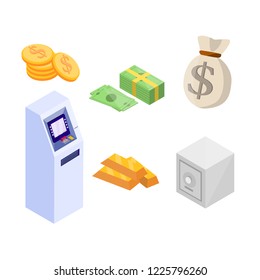 Set Isometric Icon of Money and Bank Vector 3D Flat Illustration