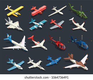 Set of isometric icons airplanes and helicopters of various shape on black background isolated vector illustration