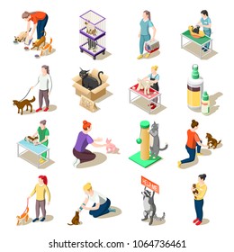 Set Of Isometric Icons Animal Care Volunteers, Feeding, Walking And Grooming, Veterinary Inspection Isolated Vector Illustration 