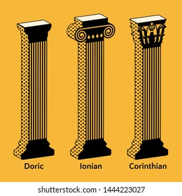 Set of isometric icons of Antique Greek columns in retro style. Types of Doric, Ionian, Corinthian vector illustration