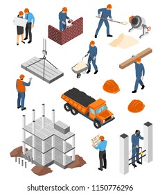 Set of isometric icons architects with blueprints and builders at work with construction materials isolated vector illustration  