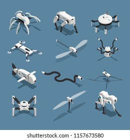 Set of isometric icons bio robots in form of animals isolated on blue background vector illustration  