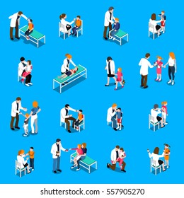 Set of isometric icons with child diseases pediatricians and parents on blue background isolated vector illustration