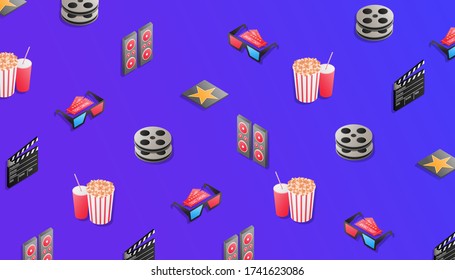 Set of isometric icons. Cinema and films. Popcorn, cola, 3d glasses, online viewing, tickets, projector, speakers. Flat illustration on a blue-violet background.
