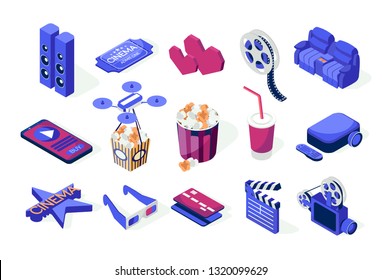 Set of isometric icons. Cinema and movies. Popcorn, cola, 3d eyeglasses, online watching, hearts, camera, credit cards, tickets, drone, projector, loudspeakers. Flat illustration on a white background