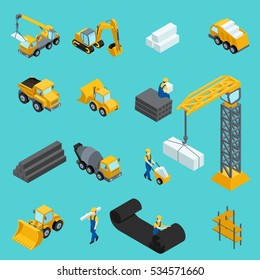 Set Isometric icons for construction workers, crane, machinery, power, transportation, clothing, special machinery. Vector illustration.