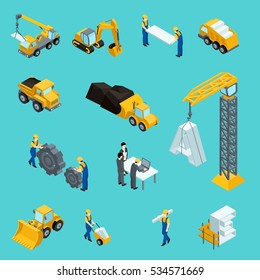 Set Isometric icons for construction workers, crane, machinery, power, transport, managers, laptop, clothes. Vector illustration.