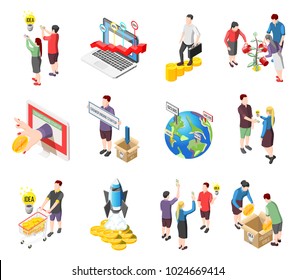 Set of isometric icons with creative idea, crowdfunding startup, international financial investment, collect money isolated vector illustration  