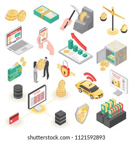 Set of isometric icons with crypto currency mining, safe with money, block chain, computers isolated vector illustration