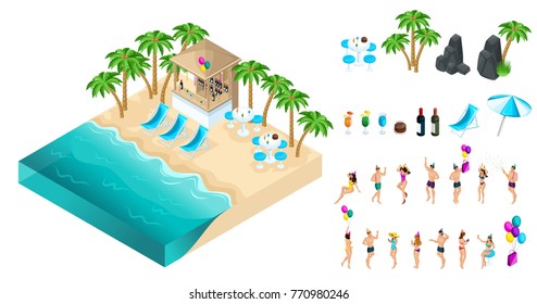 A set of isometric icons with dancing people, to create their own illustration of a holiday on the shores of the azure sea