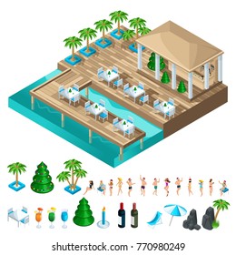 A set of isometric icons with dancing people, to create your own illustration of a holiday on a beautiful villa by the sea