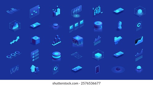 Set of isometric icons for data visualization and analytics. Includes charts, graphs, and diagrams for representing various data types. Ideal for websites and blogs about data science and business