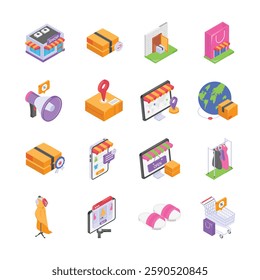A set of isometric icons depicting various aspects of ecommerce and online shopping