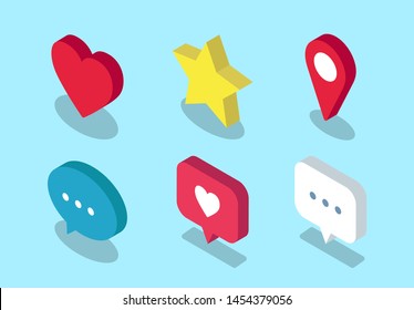 Set of Isometric icons for different apps. Contains such icons as like, star, location, message and more. - Vector