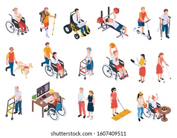 Set of isometric icons with disabled people living full life isolated on white background 3d vector illustration