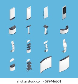 Set of isometric icons with exhibition stands including display desks shelves on blue background isolated vector illustration 