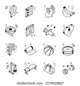 Set of Isometric Icons of Fitness and Gym

