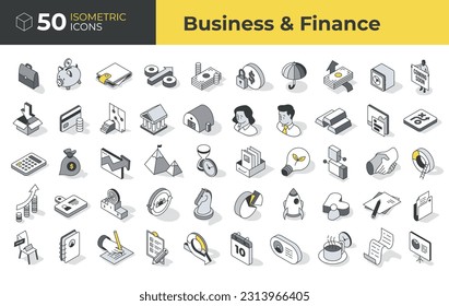 Set of isometric icons focused on the theme of business and finance.Perfect to represent financial concepts and business processes. Features such icons as graphs, charts, money symbols, goals