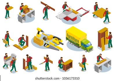 Set of isometric icons furniture makers with professional tools during production and assembly isolated vector illustration   