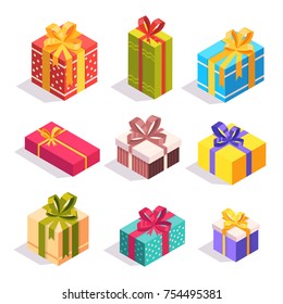 
Un conjunto de iconos isométricos de las cajas de regalo. Cajas de regalo con arcos de cinta. Cajas coloreadas para regalos para vacaciones: Año Nuevo, cumpleaños. Iconos vectoriales isométricos 3D