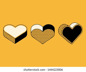 Set of isometric icons of hearts in retro style, symbols of love on yellow background