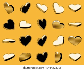 Set of isometric icons of hearts in retro style, symbols of love on yellow background