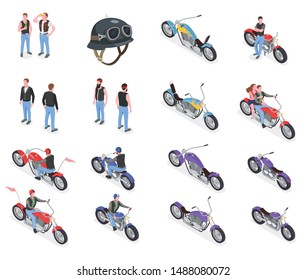 Set of isometric icons with male bikers helmet and various motorcycles isolated on white background 3d vector illustration