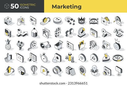 Set of isometric icons of marketing. Represents wide range of commerce-related concepts with an emphasis on attracting audiences, driving business growth, seo, analysis tools