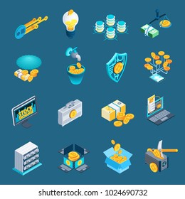 Set of isometric icons with mining cryptocurrency, blockchain, ico, stock exchange isolated on blue background vector illustration  