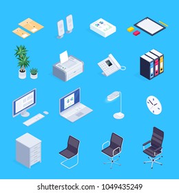 Set of isometric icons of office equipment. Computer, application form, landline telephone, folders for papers, office chairs. 3d office supplies isolated on a blue background. Vector illustration.