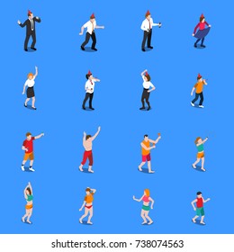 Set of isometric icons on blue background with singing and dancing people during celebration isolated vector illustration 