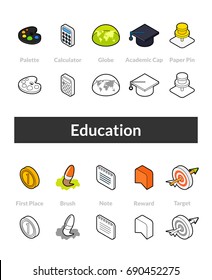Set of isometric icons in otline style, colored and black versions, vector symbols - Education collection