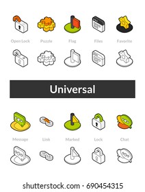Set of isometric icons in otline style, colored and black versions, vector symbols - Universal collection