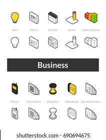 Set of isometric icons in otline style, colored and black versions, vector symbols - Business collection