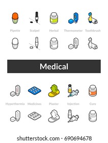 Set of isometric icons in otline style, colored and black versions, vector symbols - Medical collection