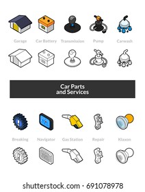 Set of isometric icons in otline style, colored and black versions, vector symbols - Car parts and services collection