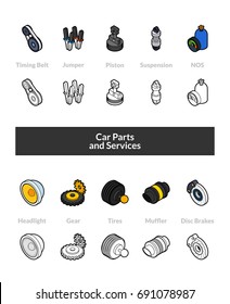 Set of isometric icons in otline style, colored and black versions, vector symbols - Car parts and services collection